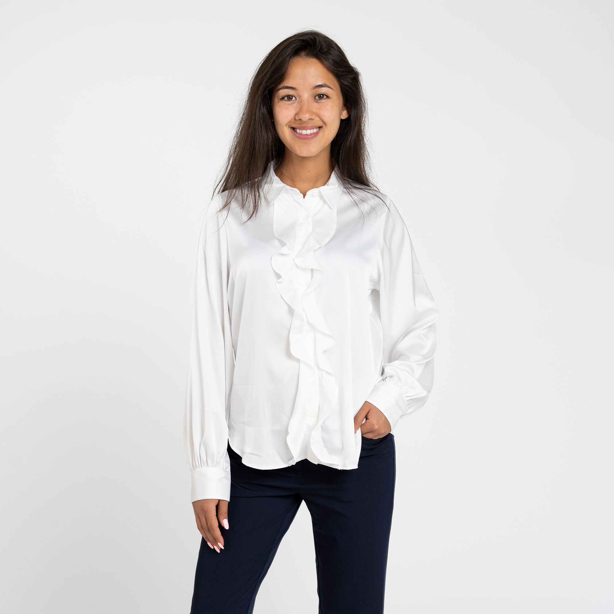 Womens white ruffle blouse sales