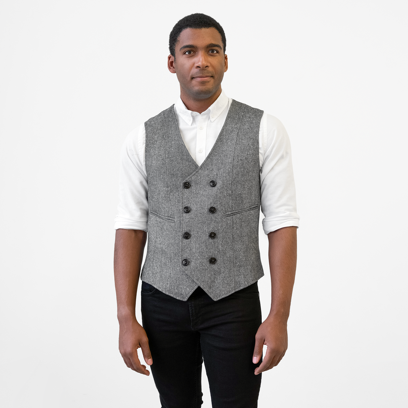 Men's Double Breasted Charcoal Tweed Vest