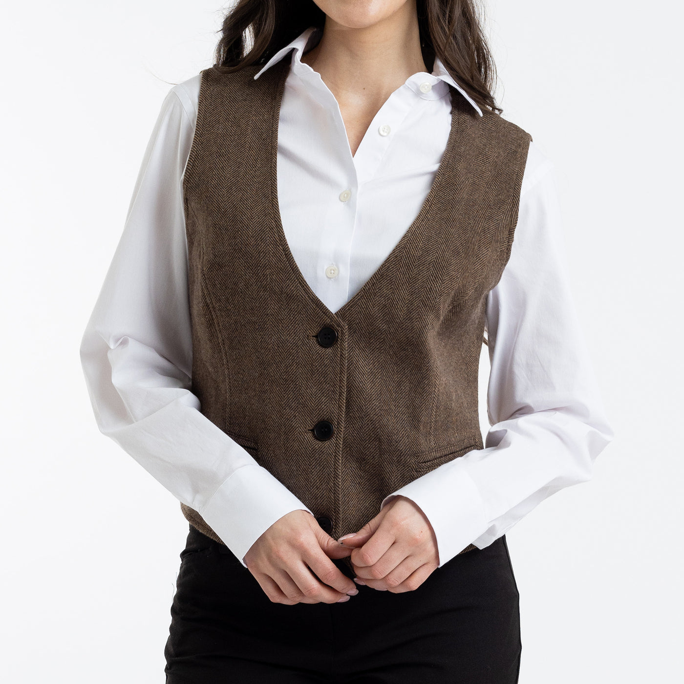 Women's Single Breasted Brown Herringbone Vest