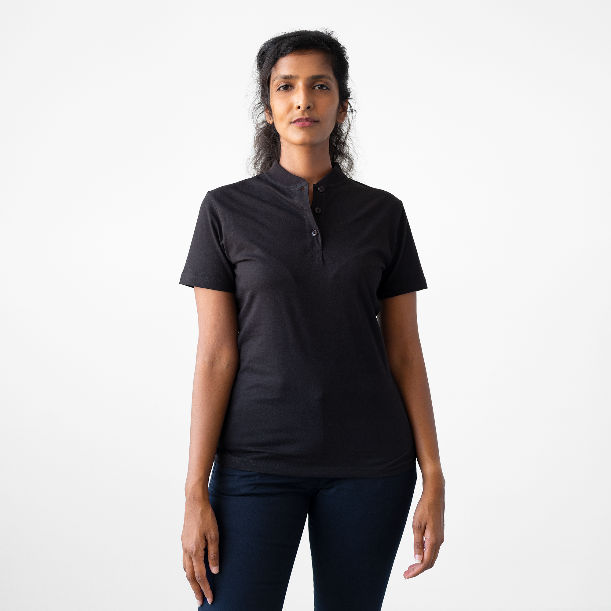 Women's Black Short Sleeve Henley | Stock Mfg.