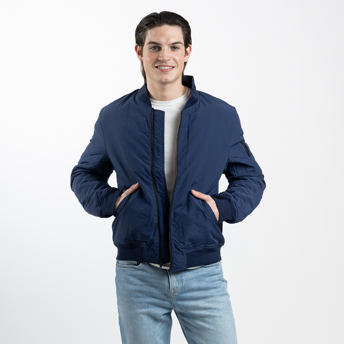 Men's Navy Bomber Jacket with Quilted Lining