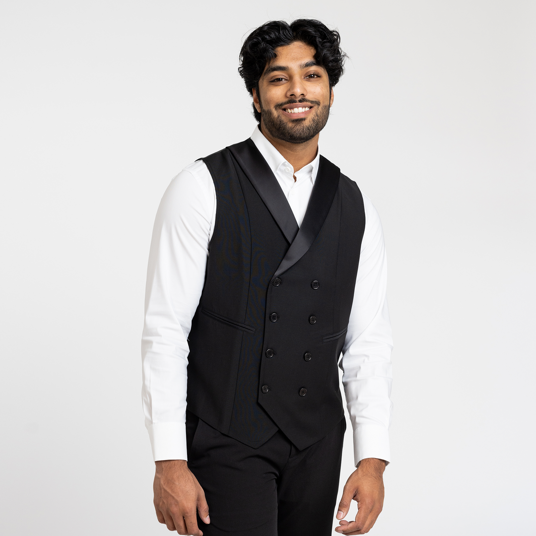 Men's Black Double Breasted Shawl Collar Vest Stock Mfg. Men's Black Double Breasted Shawl Collar Vest Stock Mfg.