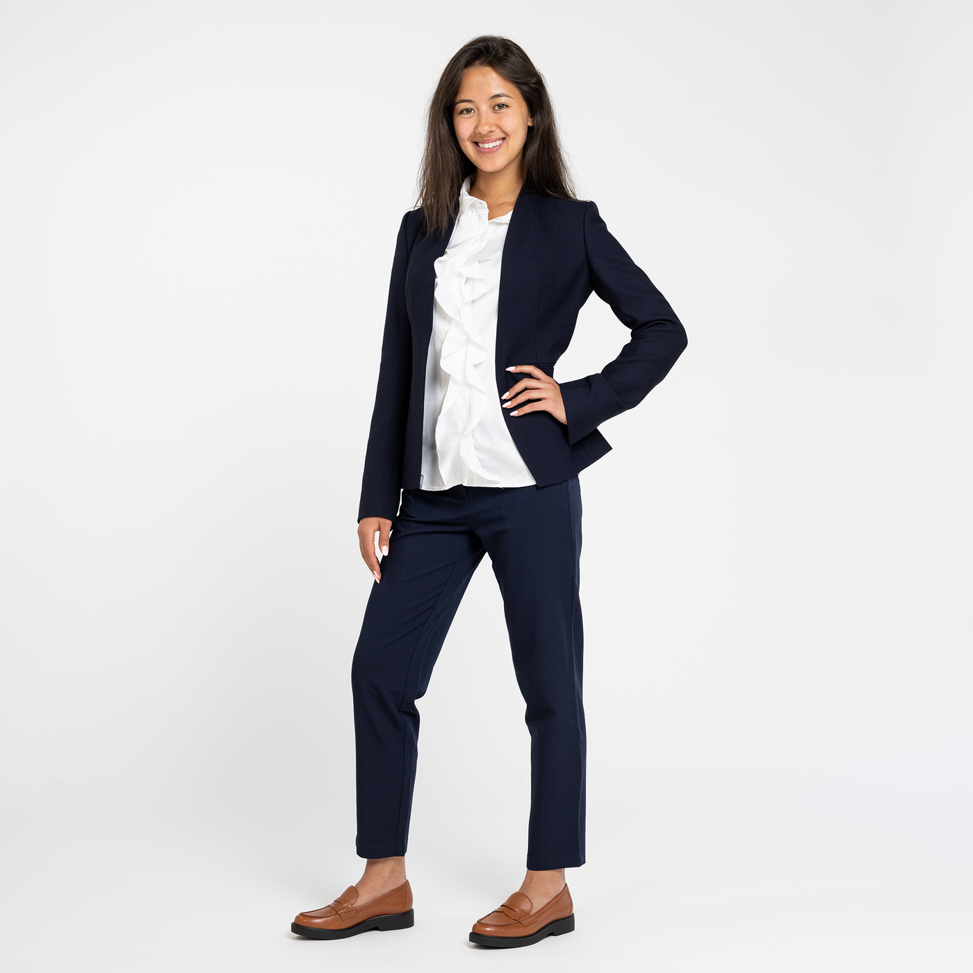 Navy stretch trousers womens hot sale