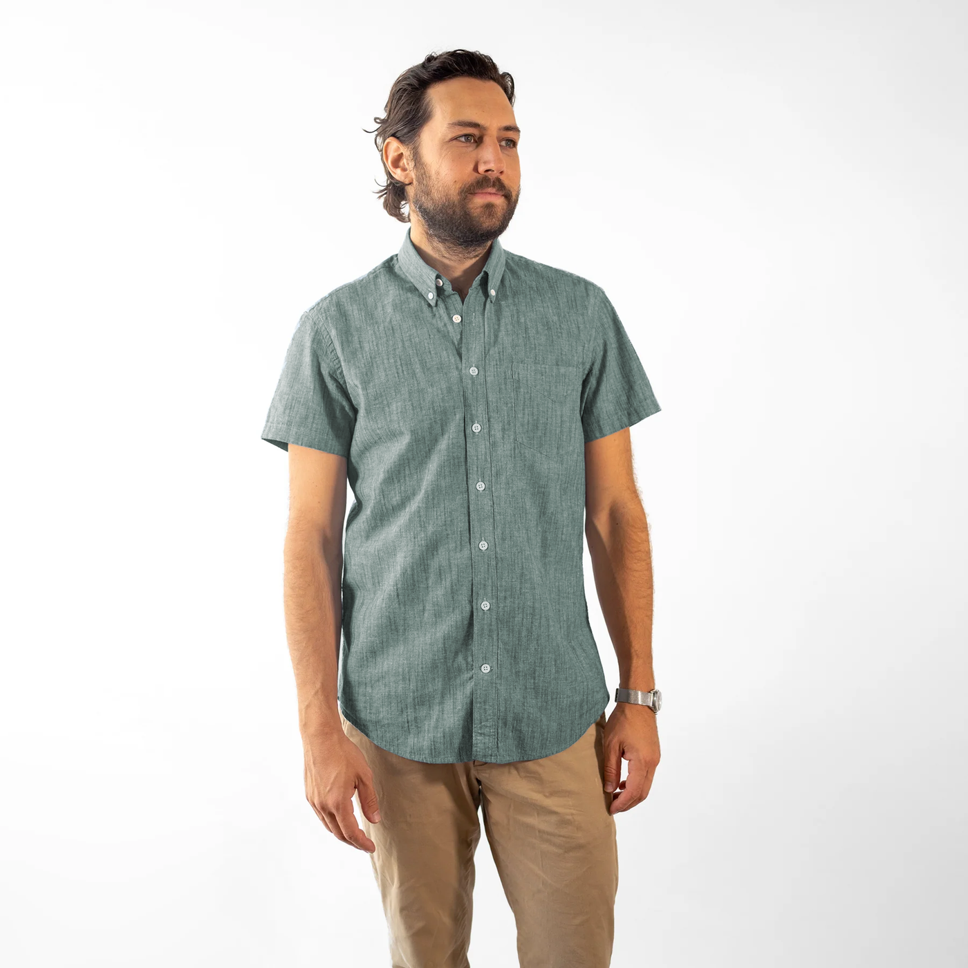 Men's Green Short Sleeve Stretch Service Chambray