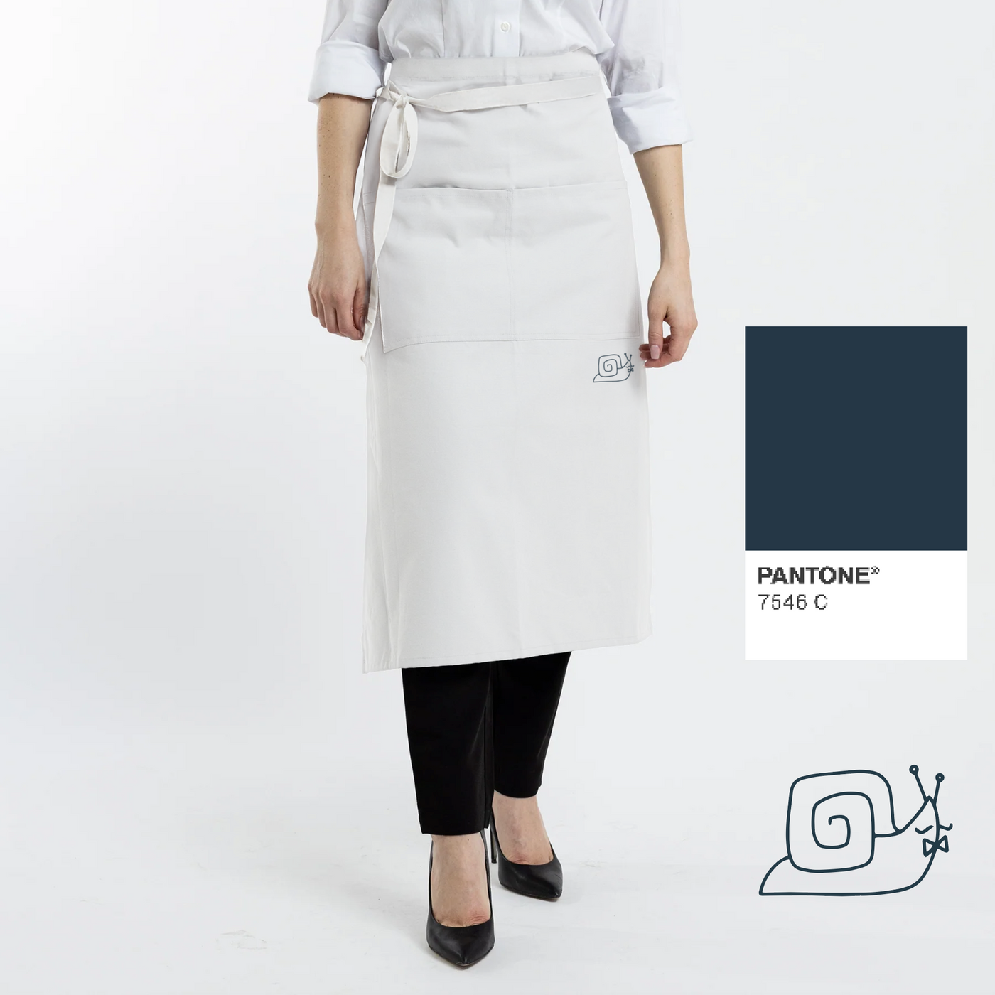 Custom White French Bistro Length Apron + Embroidery (Mon Ami Gabi Snail)