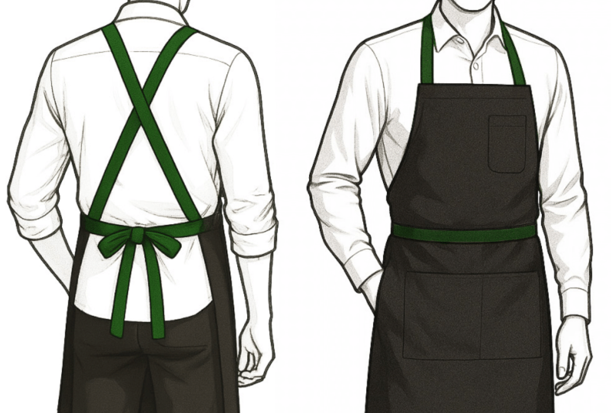 Custom Black Cotton Canvas Bib Apron w/ Bucks Green Cross-back Webbing