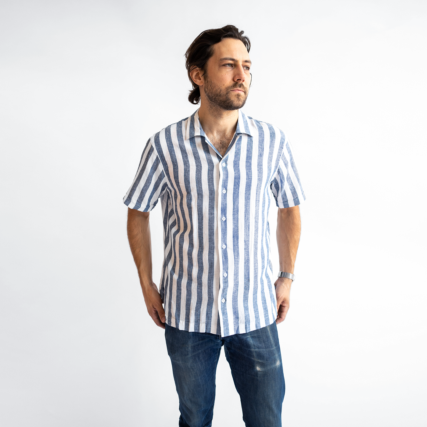 Men's Short Sleeve Striped Linen Service Shirt (Hampton Social)