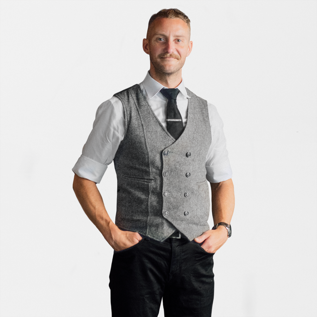 Men's Double Breasted Charcoal Tweed Vest – Stock Mfg.