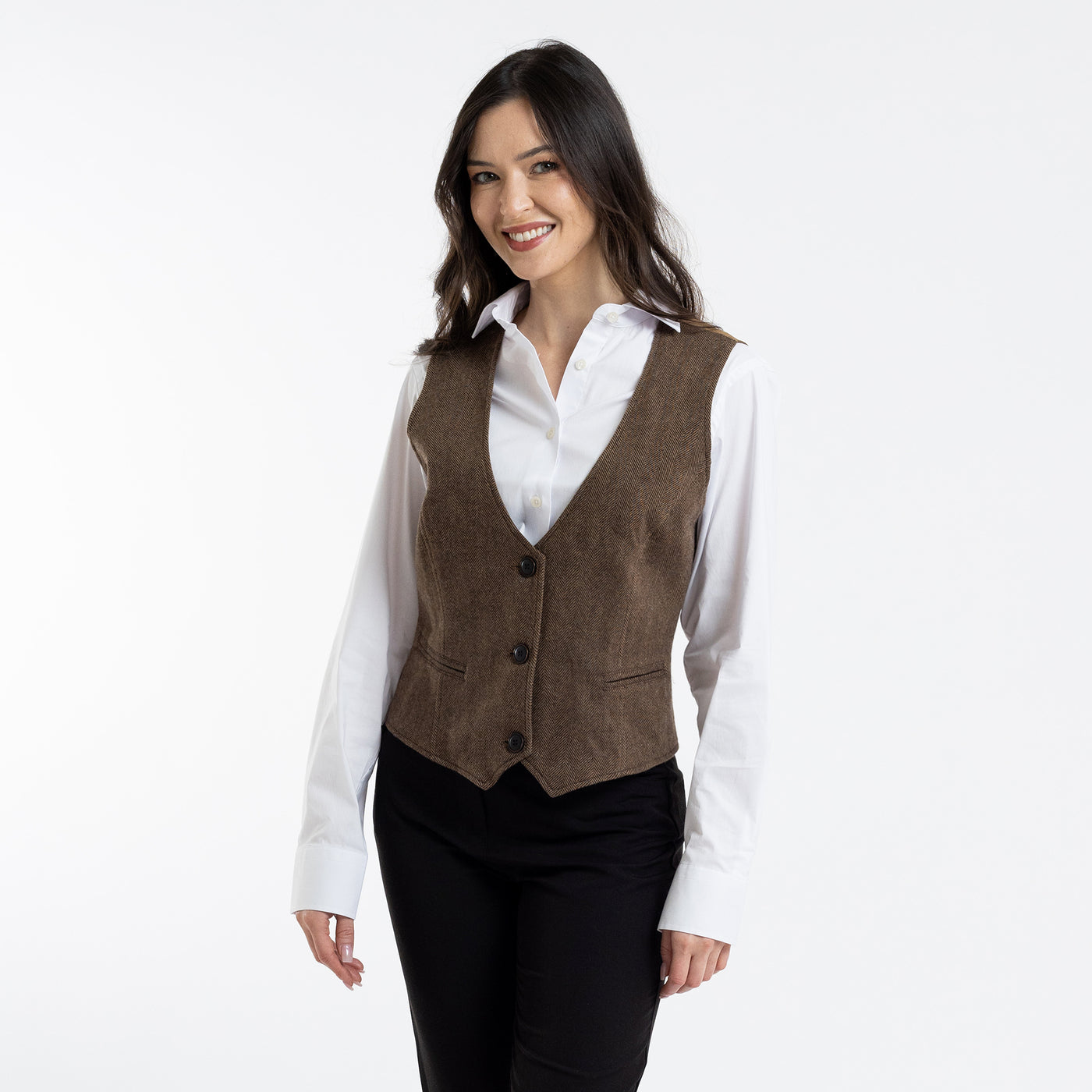 Women's Single Breasted Brown Herringbone Vest