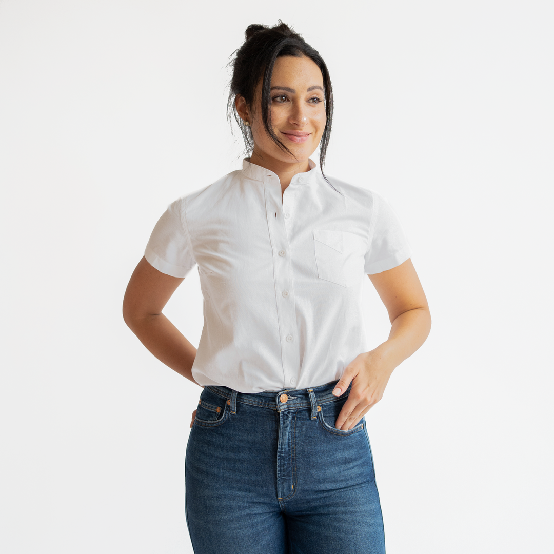 Women's White Short Sleeve Banded Collar Service Oxford