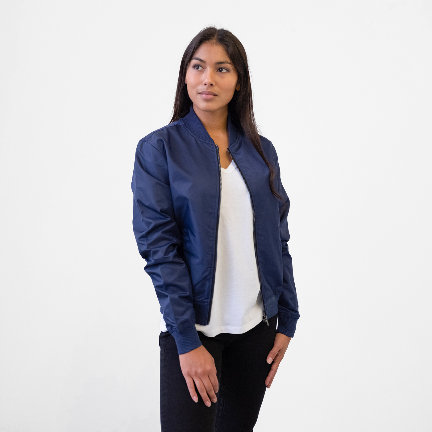 Women s Navy Bomber Jacket A Classic Layering Piece Stock Mfg