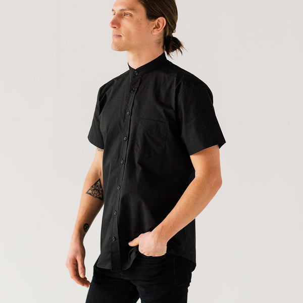 Men's Black Short Sleeve Banded Collar Service Shirt - Clean and