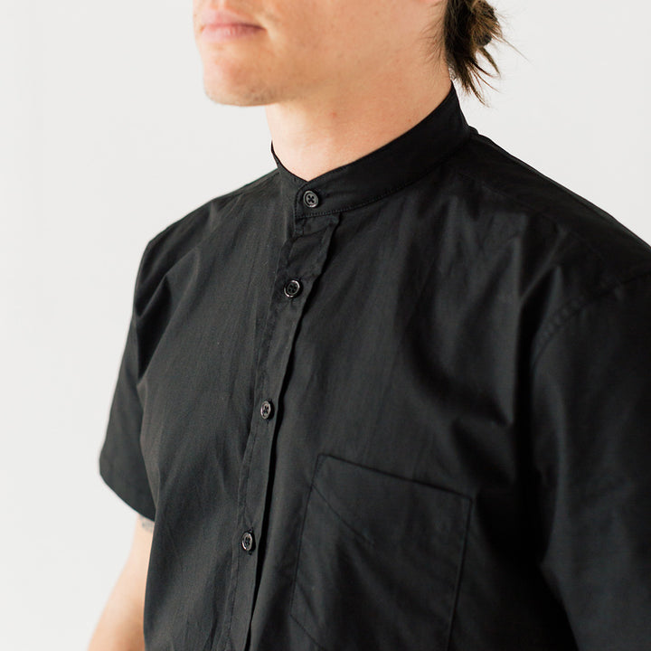 Men's Black Short Sleeve Banded Collar Service Shirt - Clean and Durable | Stock Mfg. Men's Black Short Sleeve Banded Collar Service Shirt - Clean and Durable | Stock Mfg.