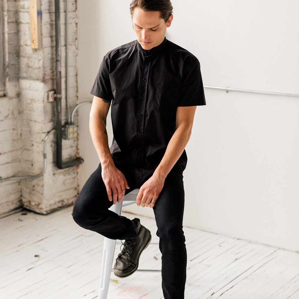 short sleeve banded collar dress shirt Men's Black Short Sleeve Banded Collar Service Shirt